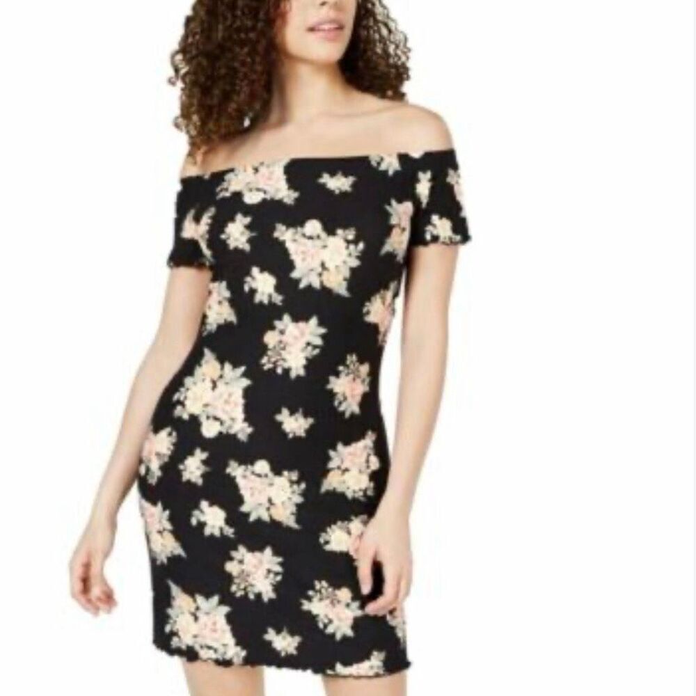 NWT Ultra Flirt dress women/Junior black floral-print, off-the-shoulder mini-dre